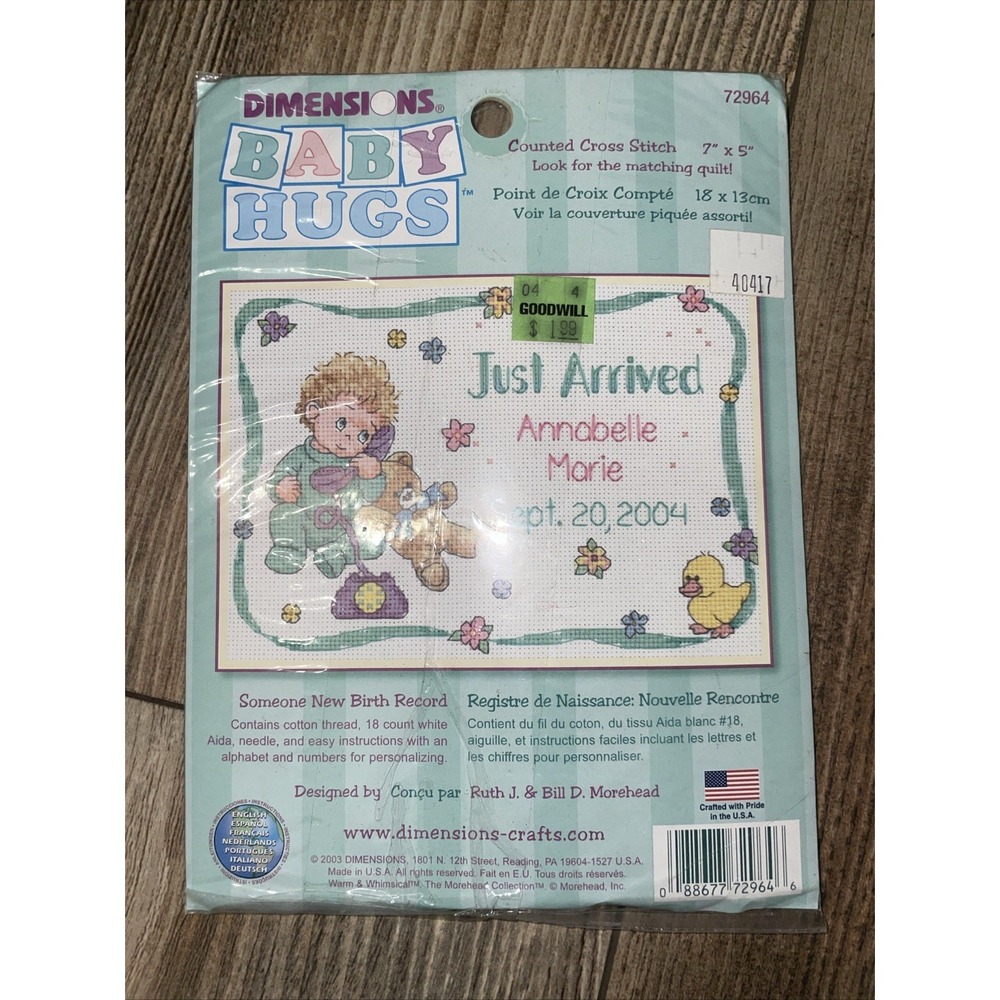 Dimensions Baby Hugs Birth Record Counted Cross Stitch‎ Embroidery Kit 72964 NOS